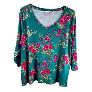 Pioneer Women Top Blouse XXL Green Pink Floral V Neck 3/4 Sleeve Pull Over EUC